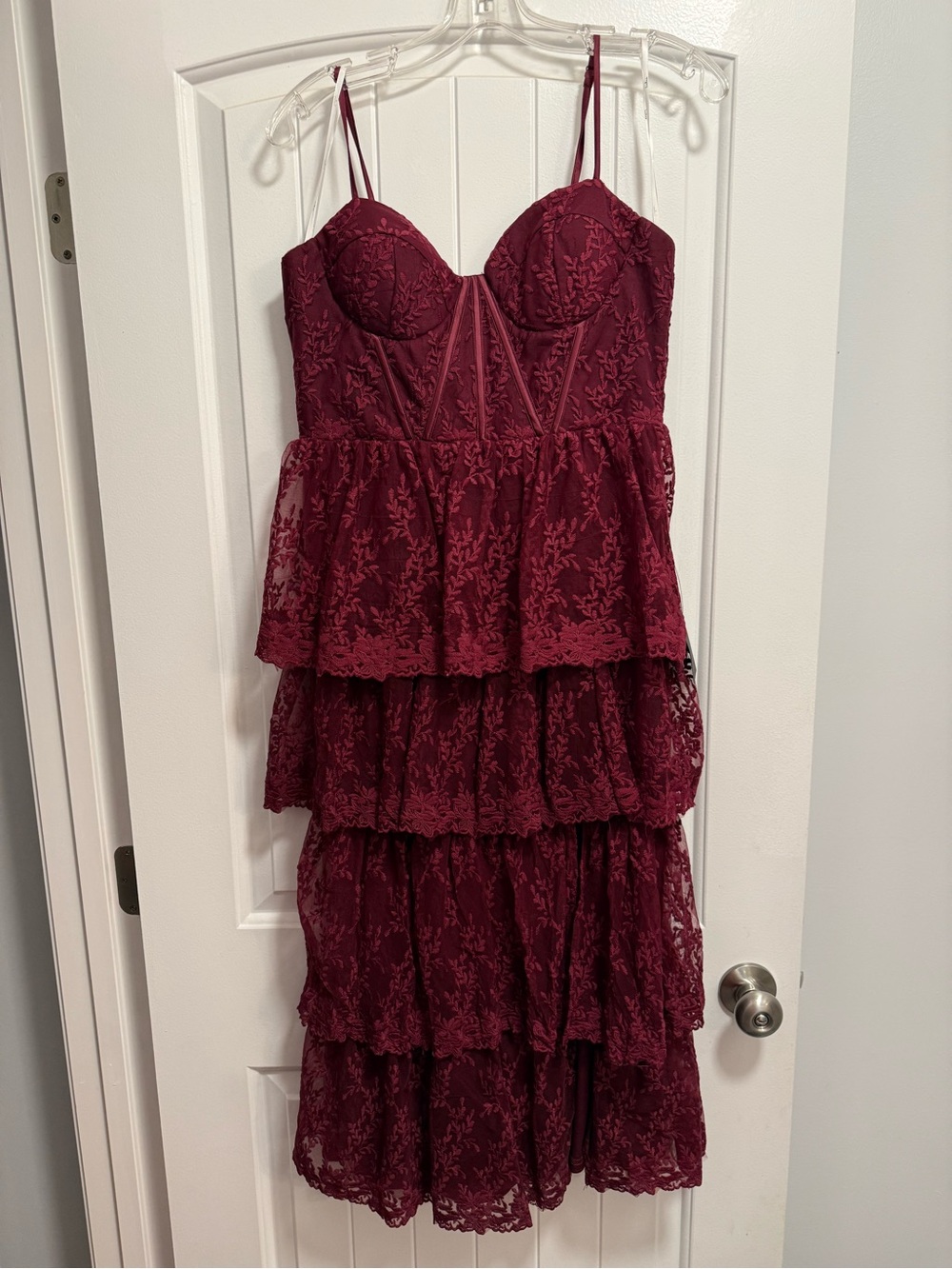 Lulu's Wine-Burgundy Lace Tiered Midi Dress with Spaghetti Straps
